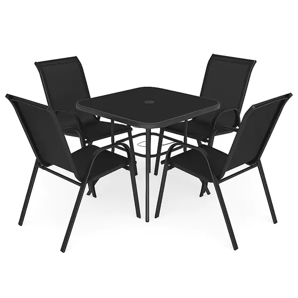 Baštenski set Zakintios sto crni kaljeno staklo i 4 crne stolice