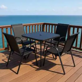 Baštenski set Zakintios sto crni kaljeno staklo i 4 crne stolice