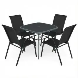 Baštenski set Zakintios sto crni kaljeno staklo i 4 crne stolice