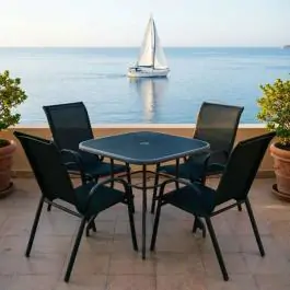Baštenski set Zakintios sto crni kaljeno staklo i 4 crne stolice