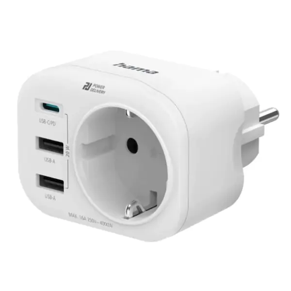 Strujni adapter 1xUSB-C, 2x USB-A 1x uzemlj. 20W PD, beli