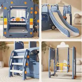 Dečiji plavi vozić sa toboganom, ljuljaškom i ostavom za igračke