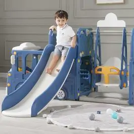 Dečiji plavi vozić sa toboganom, ljuljaškom i ostavom za igračke